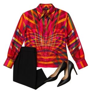 Escada Vintage Silk Blouse Multicolor Geometric Print Button Down Women 40 M/L